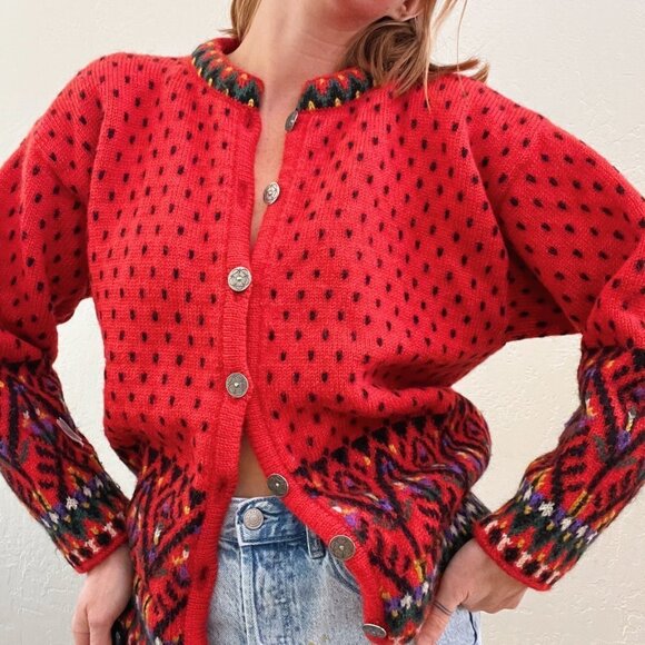 Vintage 1980s/90s Red Chunky Knit Fair Isle Cardigan Sweater - Picture 5 of 6